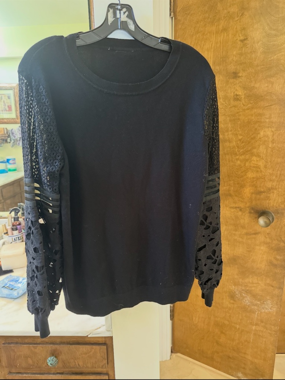 Black Lace Sleeve Pullover Sweater